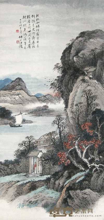汪锟 丁亥(1947年)作 秋溪归帆 立轴 103×49cm